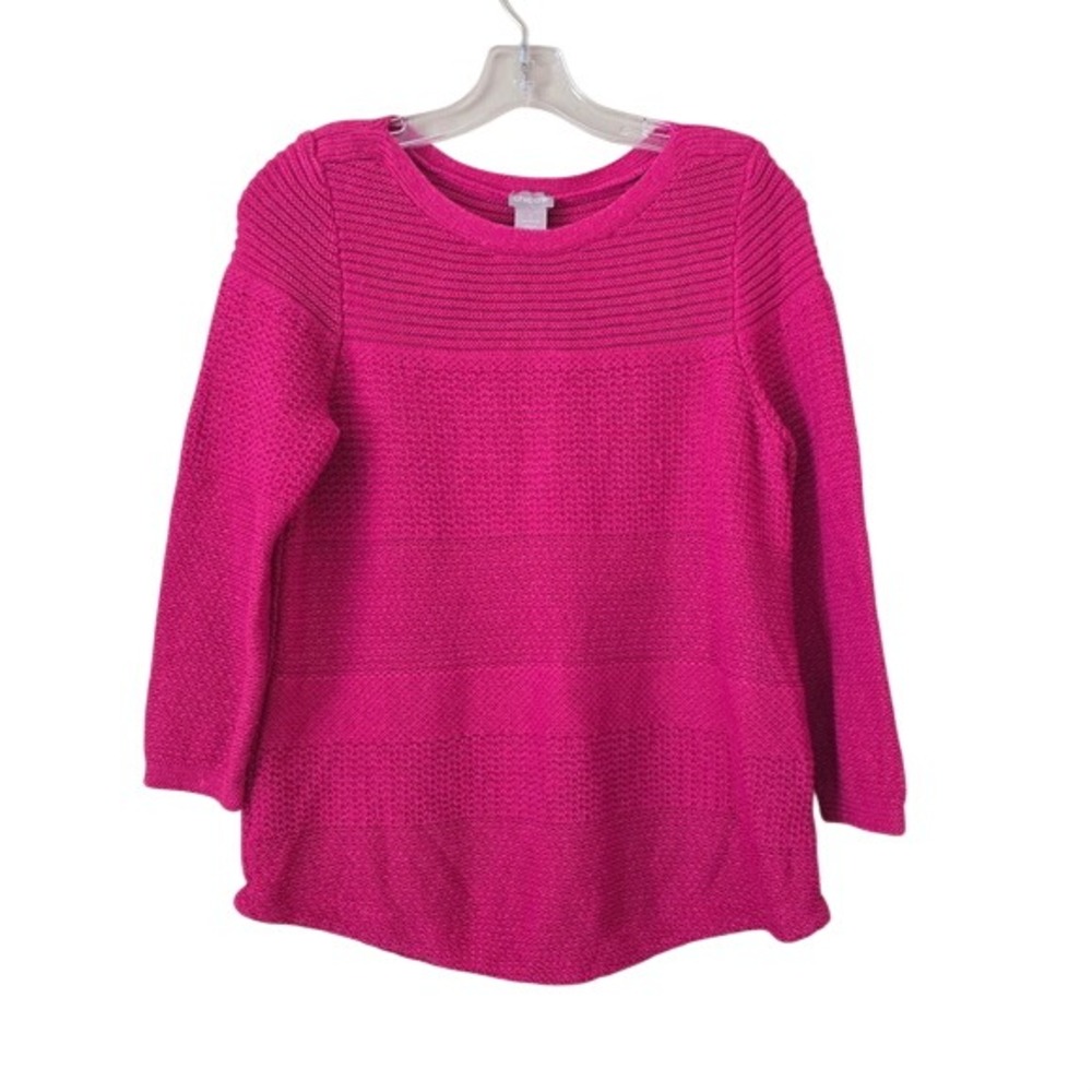 Chicos Womens Pink Textured Mixed Stitch Crew Neck 3/4 Sleeve Sweater Size 1 M